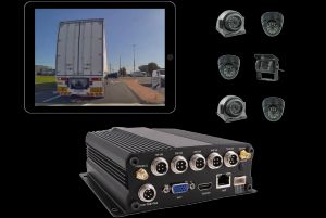 Geosecure's heavy truck 6-camera system showing live feeds on a tablet with six cameras and a central DVR unit for storage.