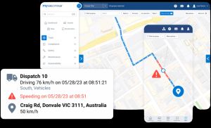 A GIF showing live tracking of 'Dispatch 10' driving at 76 km/h, with a speeding alert on Craig Rd, Donvale VIC, via Geotab's platform.