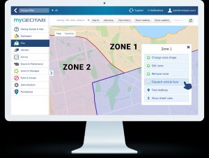 A geofencing map in the MyGeotab platform with two zones displayed. Fleet managers can edit zones or dispatch vehicles in real time.