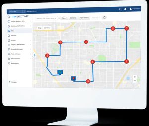 A desktop display showing the myGeotab platform's route optimisation feature, with a mapped route marked by numbered waypoints.