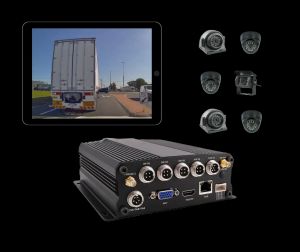 Geosecure's 6-camera system for heavy trucks, featuring a tablet showing a live feed, six cameras for full visibility, and a DVR unit. 
