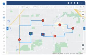 A route optimisation map shown on the MyGeotab fleet management dashboard highlights a vehicle's path with numbered red checkpoints along the route, visually represented by a blue line. The starting point is marked with a green play button, and the destination is signified by a red stop icon. This detailed map offers insights into real-time vehicle tracking, helping fleet managers optimise routes, improve efficiency, and reduce fuel consumption. The map integrates advanced telematics features like live vehicle positions, performance summaries, and driver behaviour analytics. As an authorised Geotab reseller, Geosecure provides businesses with cutting-edge telematics solutions, including GPS tracking, driver performance analysis, and route optimisation, enhancing fleet productivity and lowering operational costs across sectors like construction, transportation, government, and more. This visual emphasises how route optimisation can minimise unnecessary mileage and ensure timely deliveries while reducing the overall environmental impact of fleet operations. 