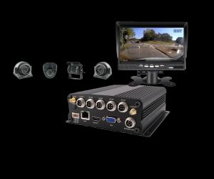 A compact 4-camera DVR system from Geosecure's 4G-connected setup, offering real-time video streaming and event recording for fleet monitoring.