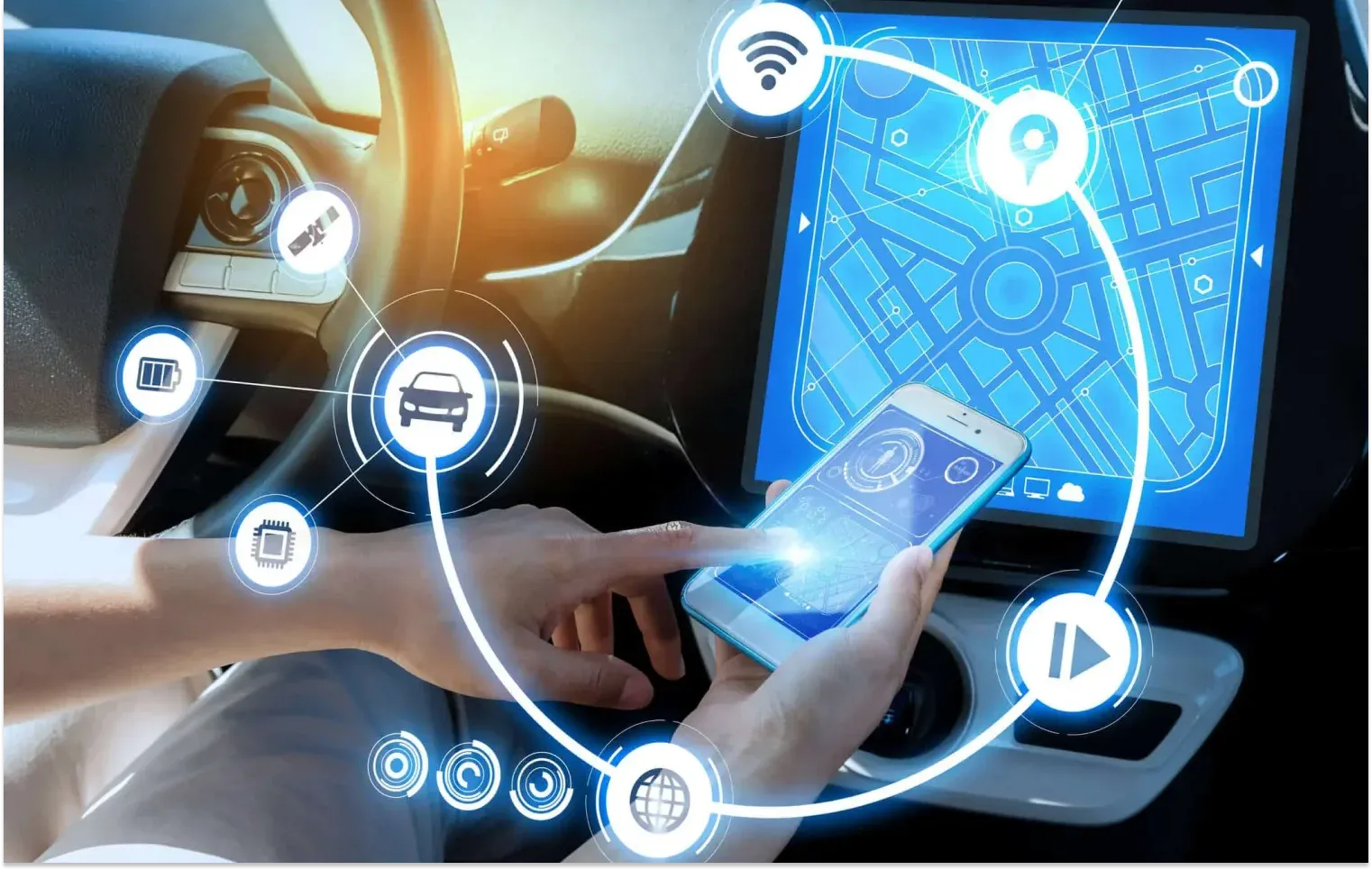 Driver interacting with a smartphone and in-car GPS system, displaying icons for vehicle connectivity, navigation, telematics, and smart car features.