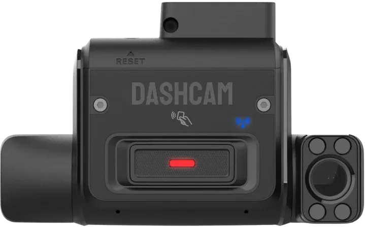 A sleek black dashcam provided by Geosecure, featuring a wide-angle lens, touch controls, and LED indicators for comprehensive vehicle monitoring. 