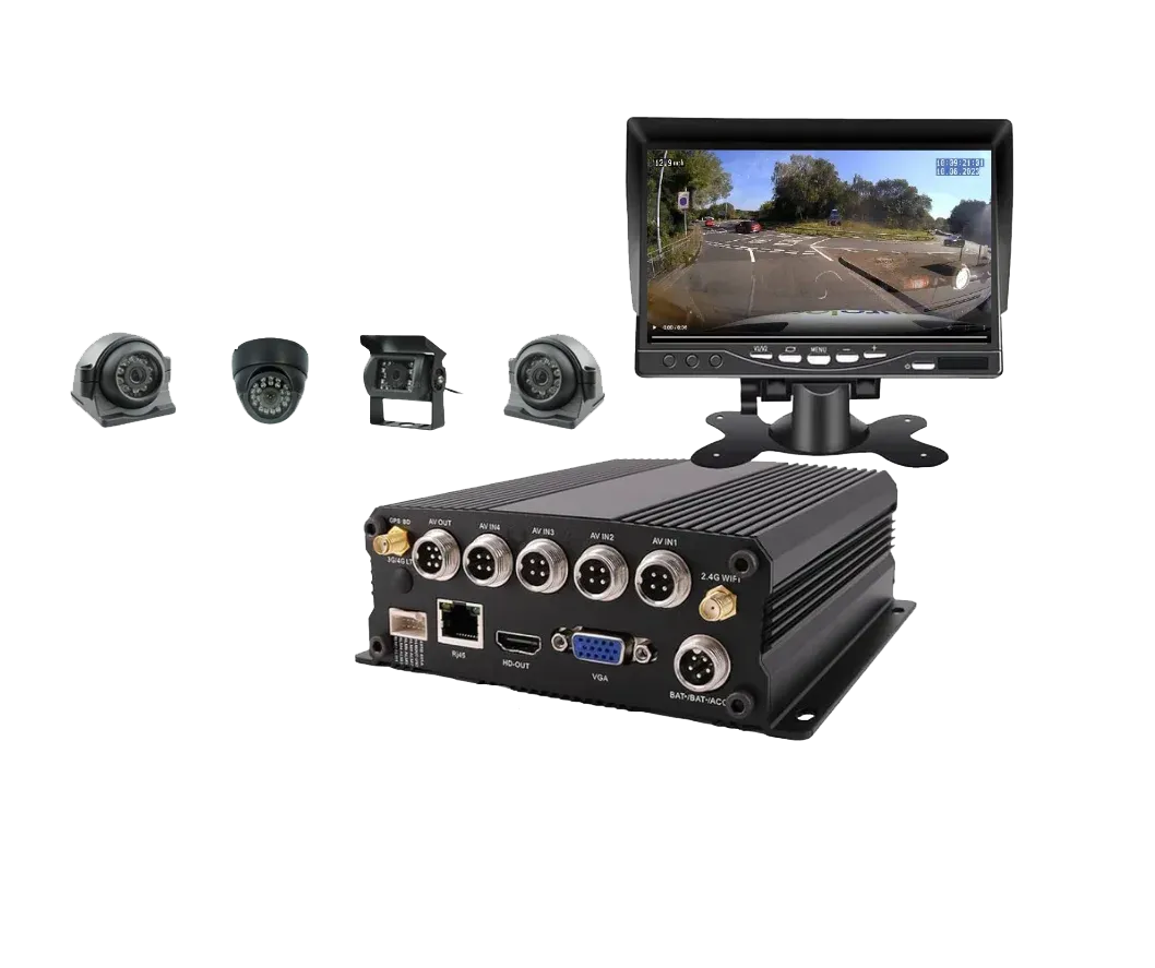 A compact 4-camera DVR system from Geosecure's 4G-connected setup, offering real-time video streaming and event recording for fleet monitoring.