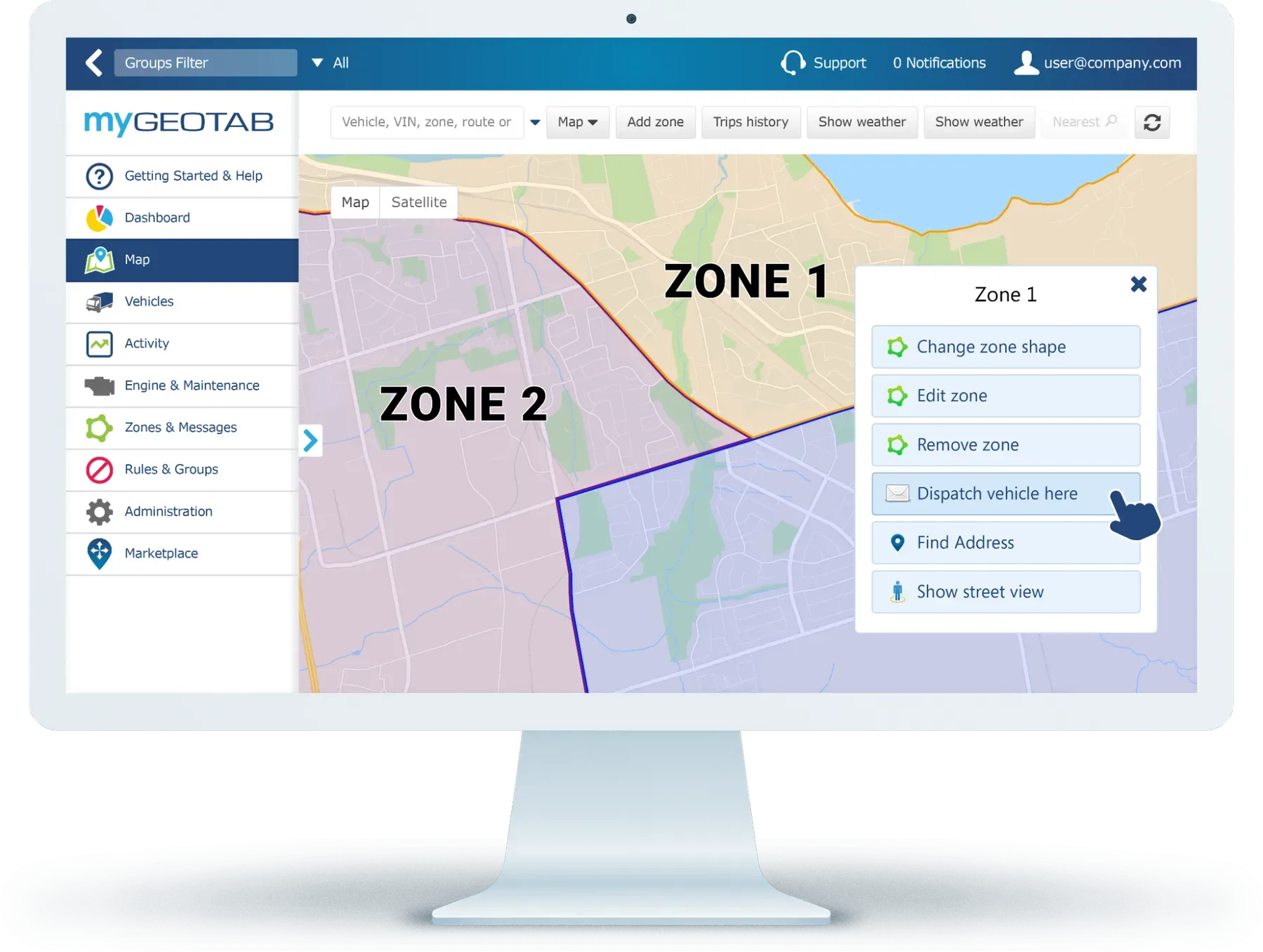 A geofencing map in the MyGeotab platform with two zones displayed. Fleet managers can edit zones or dispatch vehicles in real time.