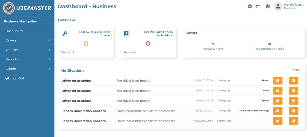 A screenshot of the Logmaster Business Dashboard, displaying an overview of driver and vehicle activity for the transport and logistics sector. The dashboard shows zero pre-start checks and fitness declarations completed in the last 24 hours. The status section highlights seven active drivers and 10 registered vehicles. Below, a list of notifications includes ''Driver on Breaches'' and ''Fitness Declaration Concern'' with timestamps and resolution statuses. The sidebar menu allows for navigation between different sections such as dashboard, drivers, vehicles, reports, and admin, providing an organised system for fleet managers to monitor compliance and safety. This dashboard is a key tool in ensuring operational efficiency and compliance in the transport and logistics industry.