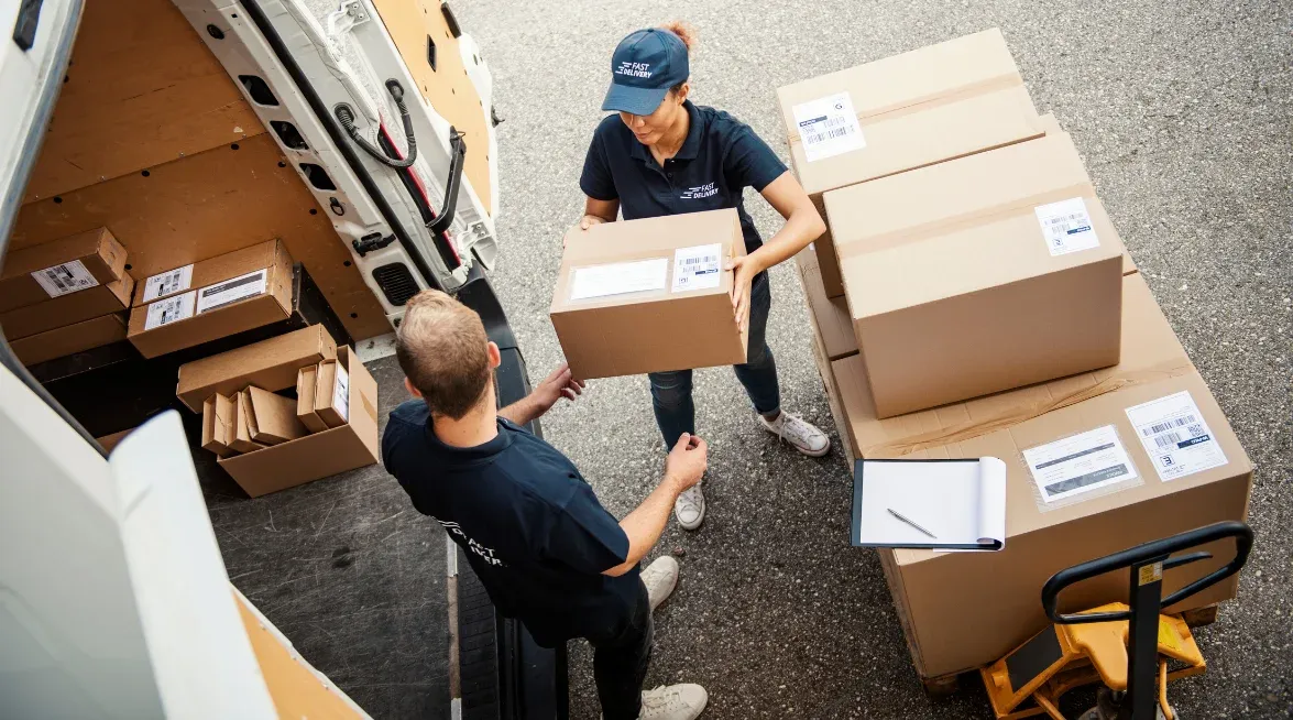 Two delivery workers unload packages from a van. One worker, wearing a navy cap and polo shirt, hands a large box to the other worker, while several other boxes are stacked on a pallet nearby. The van is partially visible with more packages inside. A clipboard with a pen rests on the pallet, ready for inventory tracking. This image illustrates the efficient handling and delivery of goods, highlighting the importance of fleet management solutions like those offered by Geosecure, which provide real-time tracking, route optimisation, and inventory monitoring to support industries reliant on delivery services and logistics.