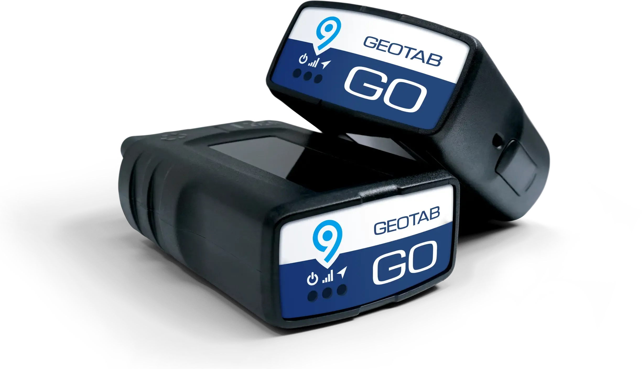 Two Geotab GO9 telematics devices showcasing a compact design for real-time tracking, driver coaching, and vehicle diagnostics. 