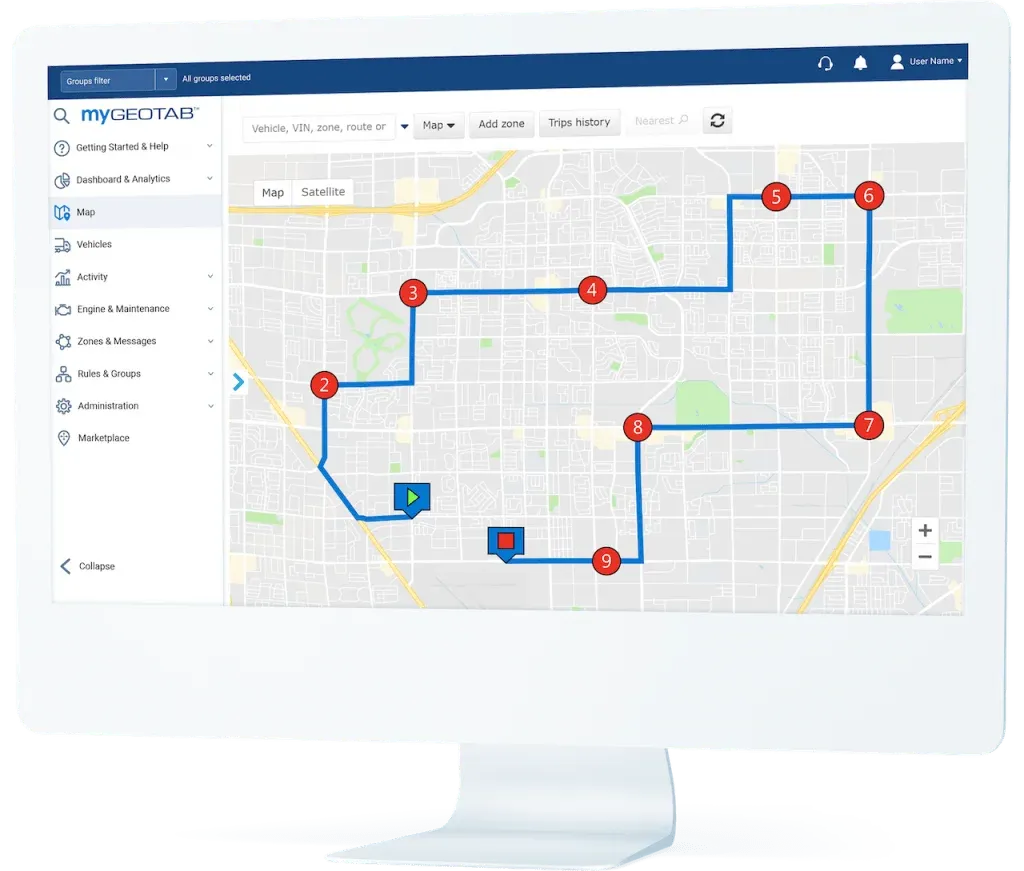 A desktop display showing the myGeotab platform's route optimisation feature, with a mapped route marked by numbered waypoints.