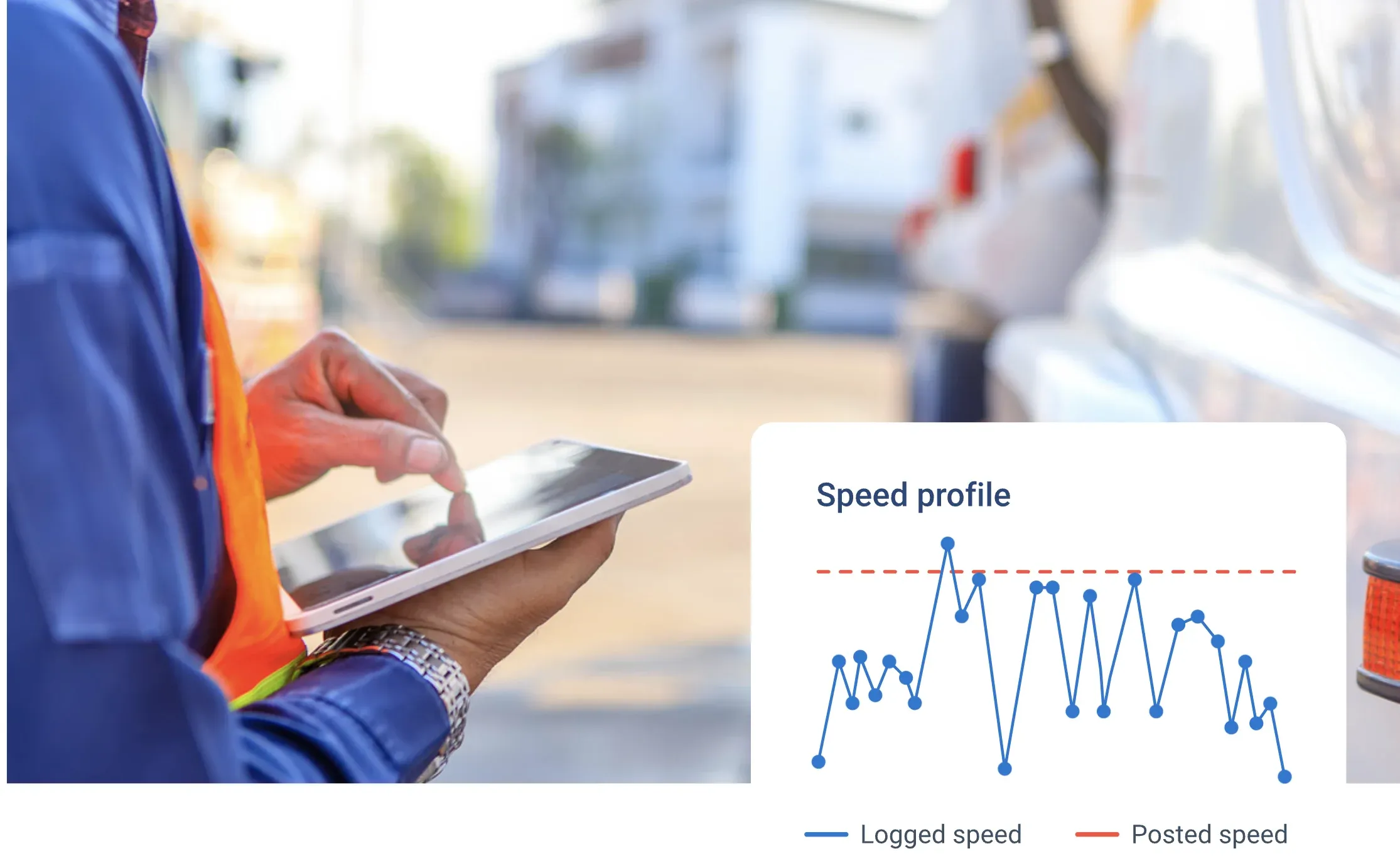 A worker using a tablet to monitor a speed profile graph comparing logged speed against posted speed limits for fleet compliance.