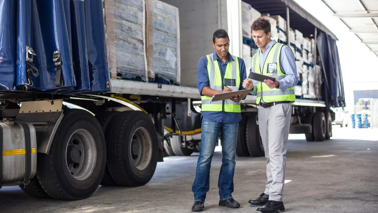 Two workers in high-visibility vests discuss logistics beside a tautliner truck loaded with pallets, emphasising efficient transport operations.