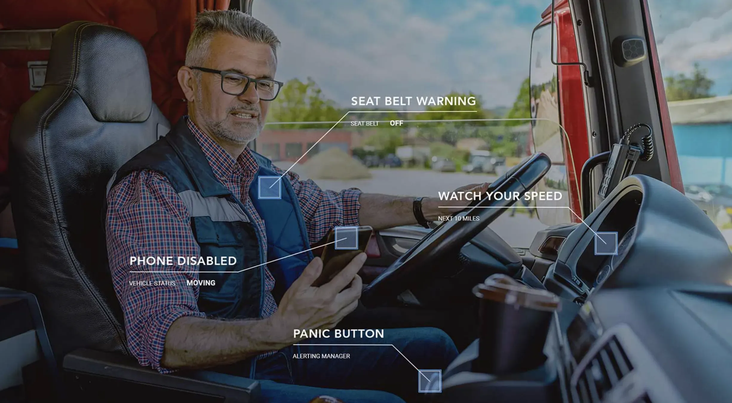 A truck driver receives automated safety alerts, such as seatbelt warning, speed monitoring, and phone disabling, ensuring compliance and safety.